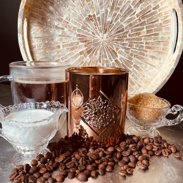 Load image into Gallery viewer, rose gold metallic candle with notes of coffee, cream, and caramelized sugar