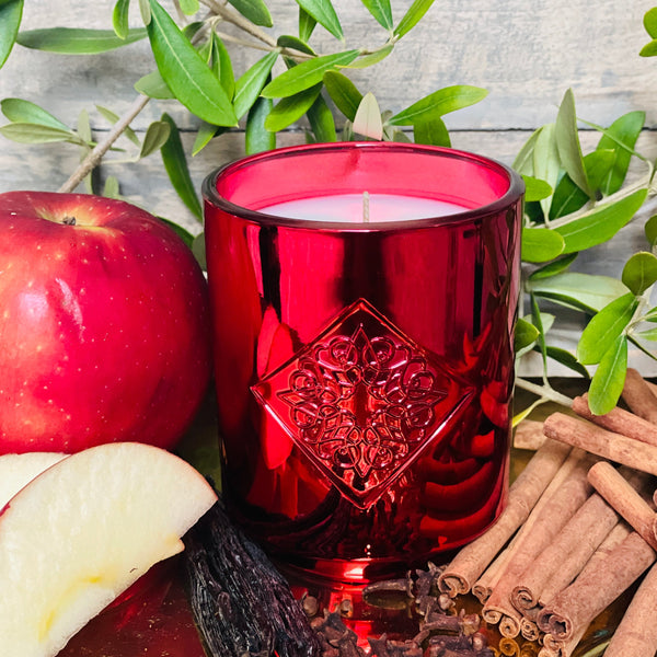 Load image into Gallery viewer, Metallic Red candle. Scent notes of apple, vanilla, cinnamon.

