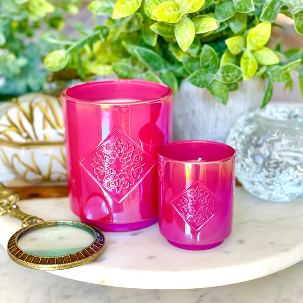 Load image into Gallery viewer, AFTERGLOW red iridescent OPAL ROAD scented candle in 10 ounce and 2.5 ounce sizes.