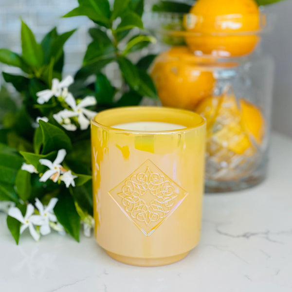 Load image into Gallery viewer, DAYLIGHT yellow iridescent OPAL ROAD scented candle.