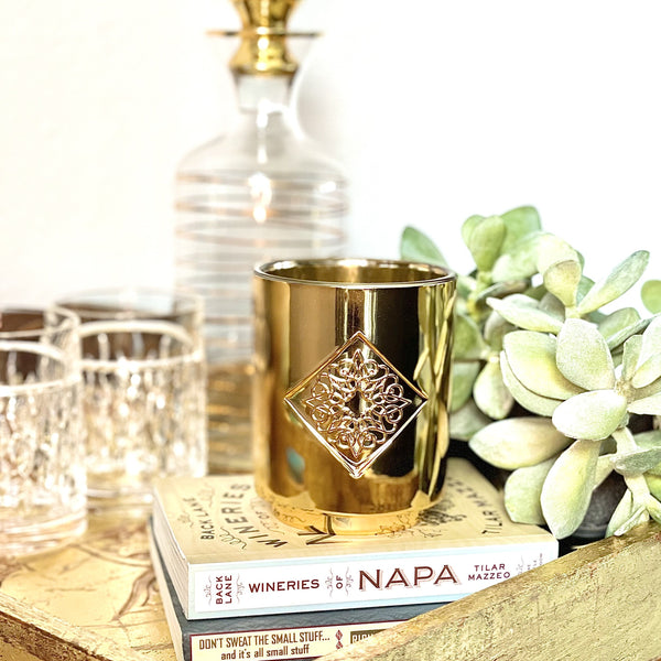 Load image into Gallery viewer, GOLDEN HOUR gold metallic OPAL ROAD scented candle.