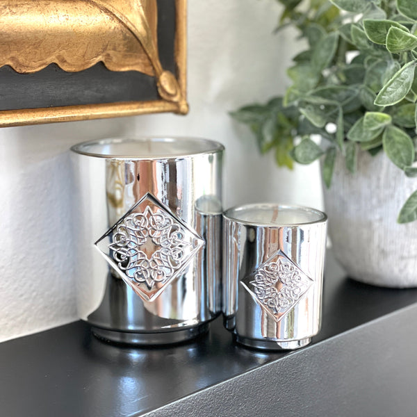 Load image into Gallery viewer, Grace silver OPAL ROAD scented candle in 10 ounce and 2.5 ounce sizes.