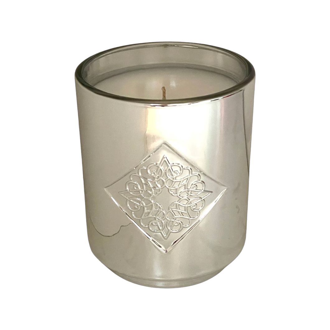 Grace silver OPAL ROAD scented candle with white background