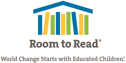 Room to Read. World Change starts with educated children. Room to Read logo shows a house with yellow, blue, and green book bindings under a blue roof.