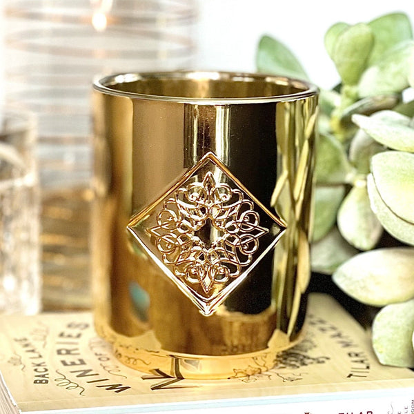 Load image into Gallery viewer, GOLDEN HOUR gold metallic OPAL ROAD scented candle.
