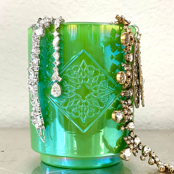Load image into Gallery viewer, GRATITUDE green iridescent OPAL ROAD scented candle repurposed as a jewelry holder

