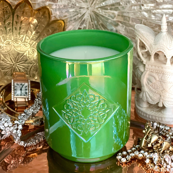 Load image into Gallery viewer, GRATITUDE green iridescent OPAL ROAD scented candle.
