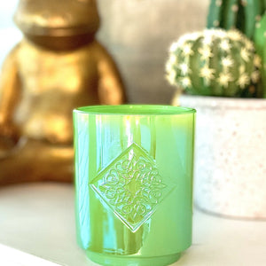 GRATITUDE green iridescent OPAL ROAD scented candle.