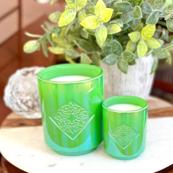 Load image into Gallery viewer, GRATITUDE green iridescent OPAL ROAD scented candle in 10 ounce and 2.5 ounce sizes..
