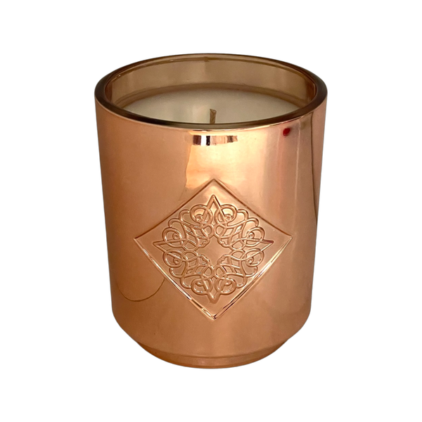 Load image into Gallery viewer, ENCHANTED rose gold metallic OPAL ROAD scented candle.
