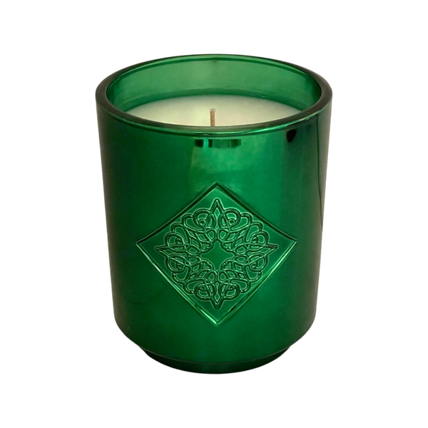 Load image into Gallery viewer, WONDER green metallic OPAL ROAD scented holiday candle.
