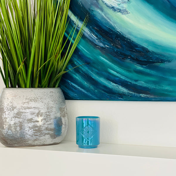 Load image into Gallery viewer, SERENITY blue iridescent OPAL ROAD scented candle.
