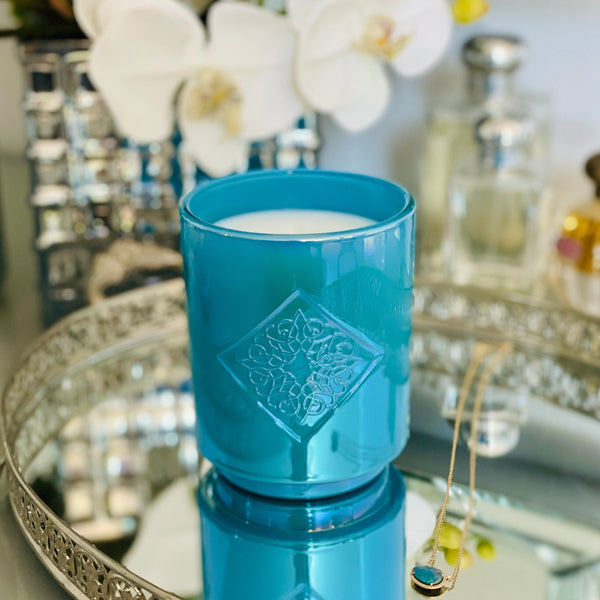 Load image into Gallery viewer, SERENITY blue iridescent OPAL ROAD scented candle.
