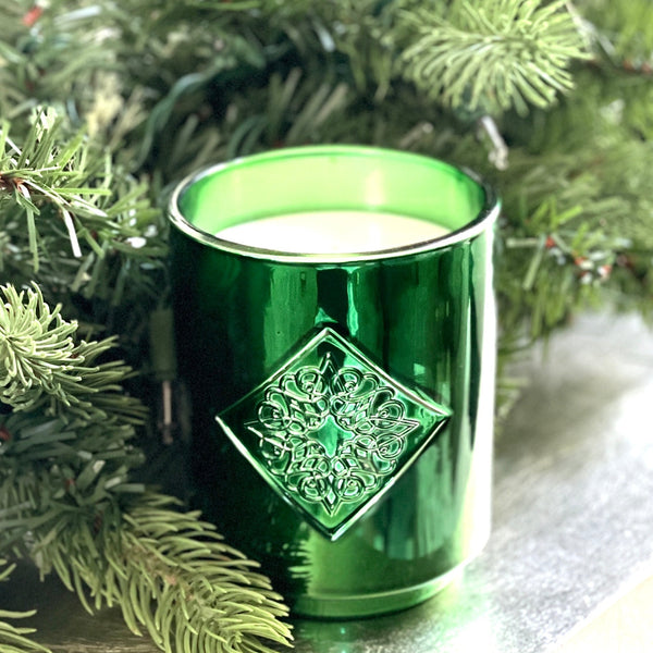 Load image into Gallery viewer, WONDER green metallic OPAL ROAD scented holiday candle.
